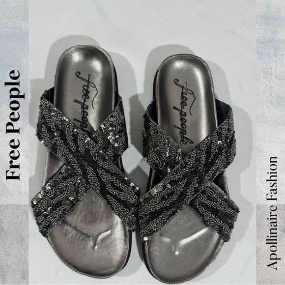 Free People Moonchild Embellished Women's Black and Silver Sandals Size 38.5 New - Picture 4 of 5